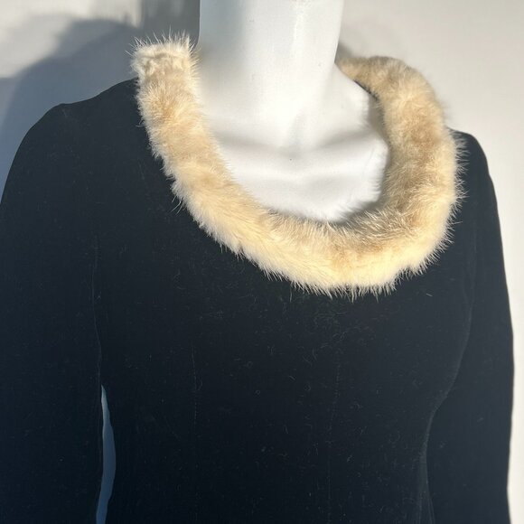 Vintage Carlye SZ12 Black Velveteen Fur Trim Dress 60's Old Hollywood Glam 50's - Picture 4 of 9